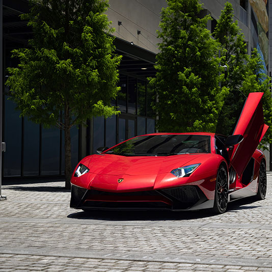 A red sports car parked on a cobblestone street with one scissor door open, surrounded by modern buildings and tall green trees.