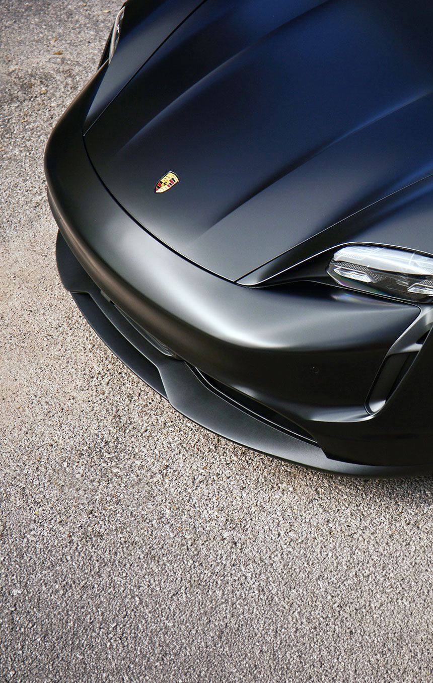 Front-end of Matte Porsche Taycan 
