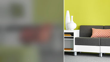 Living space with a gray sofa and a frosted glass panel.