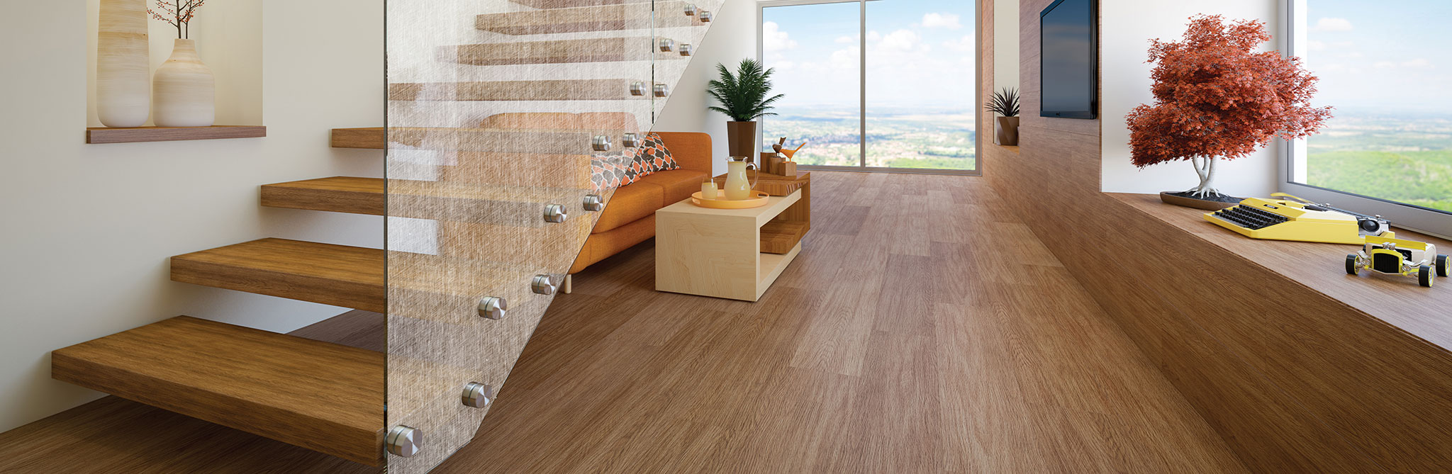 Contemporary interior with wooden stairs, a sofa, and a wide window view. 