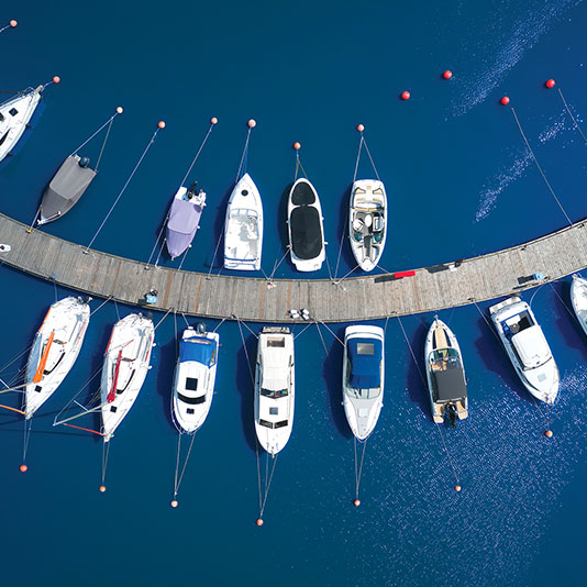 Birds eye view of boats in a marina