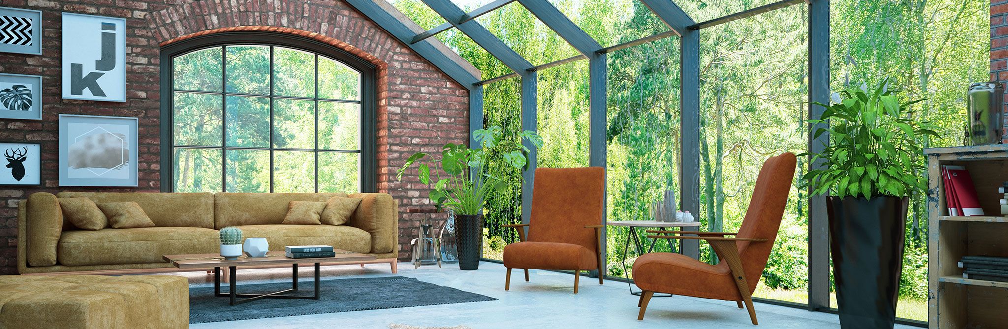 Sunroom-style living space with brick walls, large windows, and modern seating. 