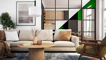 Stylish living room with a sectional sofa and geometric room divider.